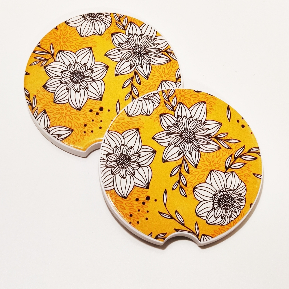 Yellow Floral Print Car Coasters